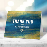 Bar Mitzvah Modern Typography Turquoise Gold Foil  Thank You Card<br><div class="desc">Make sure your favourite Bar Mitzvah shows his appreciation to all who supported his milestone event! Send out this cool, unique, modern, personalised thank you card. Metallic gold foil brush strokes and Star of David, along with bold, white typography, overlay a rich, turquoise blue ombre paint background. Your custom message,...</div>