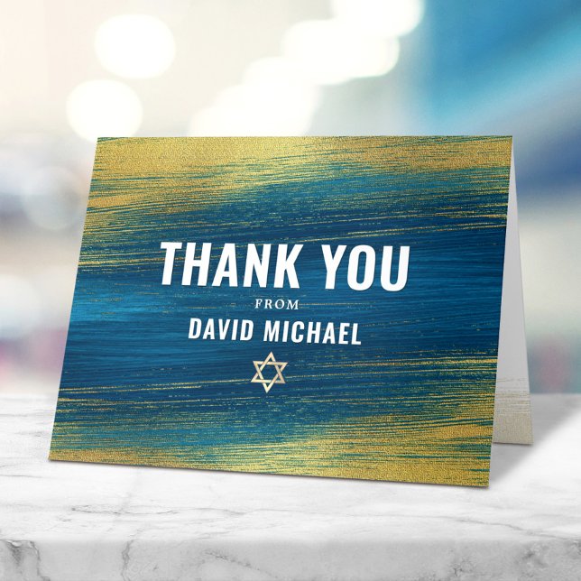 Bar Mitzvah Modern Typography Turquoise Gold Foil  Thank You Card (Creator Uploaded)