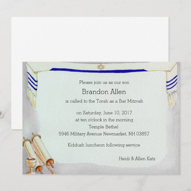 Bar Mitzvah Motifs in Watercolor Invitation (Front/Back)