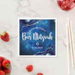 Bar Mitzvah Navy Agate Blue Galaxy White Script Napkin<br><div class="desc">Be proud, rejoice and showcase this milestone of your favourite Bar Mitzvah! Celebrate with this cool, unique, modern, custom paper napkin. White script typography and Star of David overlay a deep blue galaxy watercolor background with navy blue agate accented with faux silver veins. Personalise the custom text with your Bar...</div>