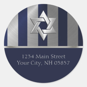 Bar Mitzvah Navy and Silver Stripe Star of David Classic Round Sticker