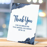 Bar Mitzvah Navy Blue Agate Script Simple Modern Pedestal Sign<br><div class="desc">Proudly thank every guest for celebrating your son’s Bar Mitzvah with you! Display this stunning, modern, stylish, personalised pedestal sign to add to his special day. Navy blue script typography and blue agate accented with faux silver veins overlay a minimal white. Available in 4 sizes: 4”x6”, 6”x8”, 8”x10”, and 10”x12”....</div>