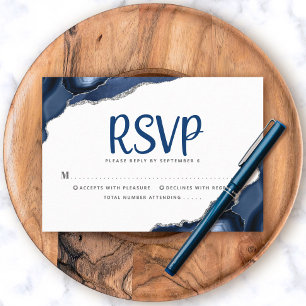 Bar Mitzvah Navy Blue Agate Script Simple Modern RSVP Card