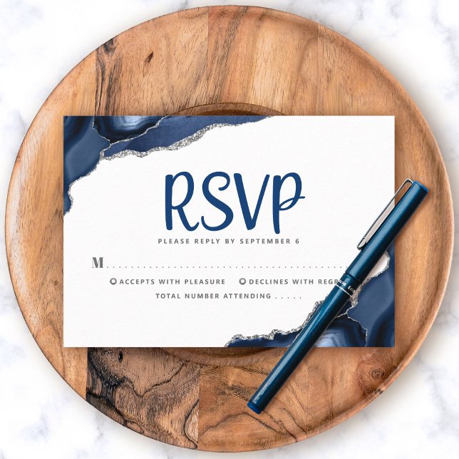 Bar Mitzvah Navy Blue Agate Script Simple Modern RSVP Card (Creator Uploaded)