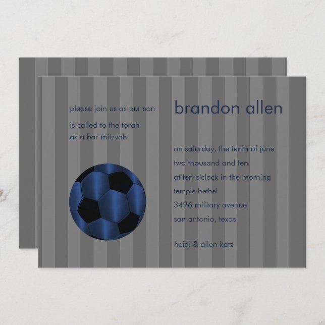 Bar Mitzvah Navy Blue and Black Soccer Ball Invitation (Front/Back)