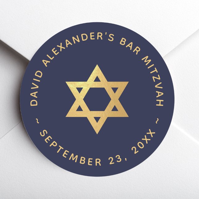 Bar Mitzvah Navy Blue Faux Gold Foil Star of David Classic Round Sticker (Creator Uploaded)