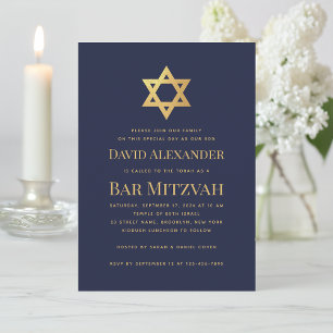 Bar Mitzvah Navy Blue Faux Gold Foil Star of David Invitation