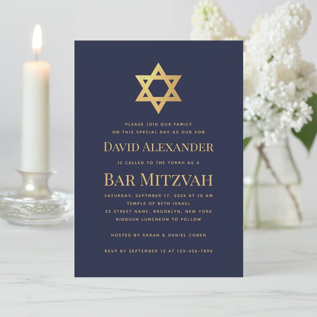 Bar Mitzvah Navy Blue Faux Gold Foil Star of David Invitation (Creator Uploaded)