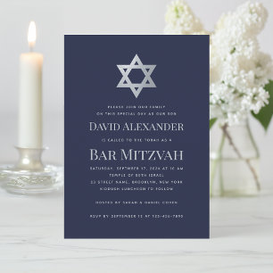 Bar Mitzvah Navy Blue & Faux Silver Star of David Invitation
