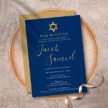 Bar Mitzvah Navy Blue Gold Script Invitation<br><div class="desc">Featuring golden script signature name. Personalise with your special Bar Mitzvah information in chic gold lettering on a navy blue background. Designed by Thisisnotme©</div>