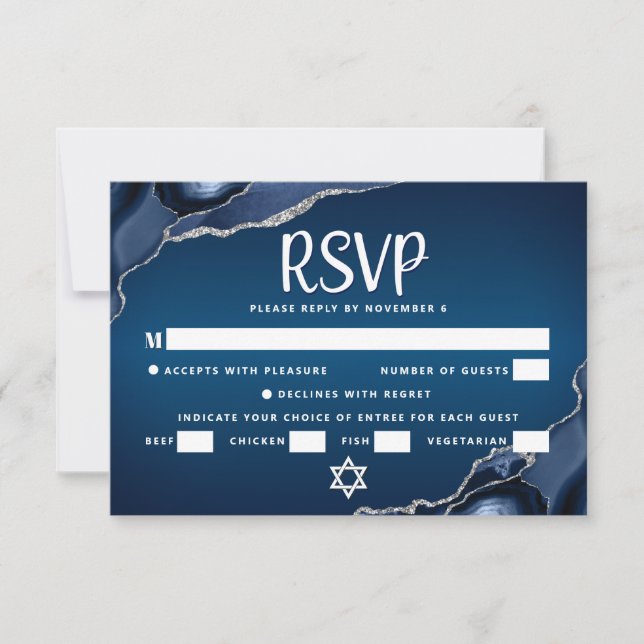 Bar Mitzvah Navy Blue Ombre Agate Cool Script Bold RSVP Card (Front)