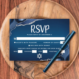 Bar Mitzvah Navy Blue Ombre Agate Script Entrée RSVP Card