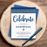 Bar Mitzvah Navy Blue Script Simple Modern Tallit  Enclosure Card<br><div class="desc">Be proud, rejoice and showcase this milestone of your favourite Bar Mitzvah! Include this cool, unique, modern, personalised insert for additional information to your event. Bold, navy blue script typography, Star of David and a navy blue and silver glitter striped tallit inspired graphic overlay a simple, white background. Personalise the...</div>