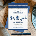 Bar Mitzvah Navy Blue Script Simple Modern Tallit  Invitation<br><div class="desc">Be proud, rejoice and showcase this milestone of your favourite Bar Mitzvah! Send out this cool, unique, modern, personalised invitation for an event to remember. Bold, navy blue script typography, Star of David and a navy blue and silver glitter striped tallit inspired graphic overlay a simple, white background. Personalise the...</div>