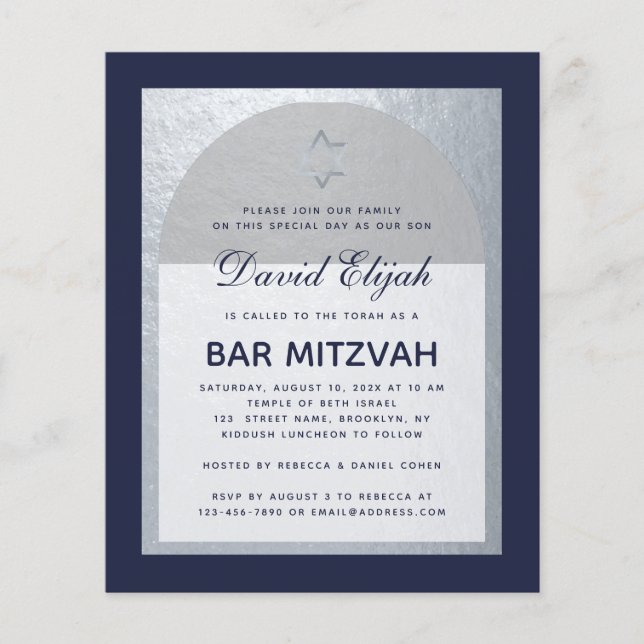 Bar Mitzvah Navy Blue Silver Budget Invitation (Front)