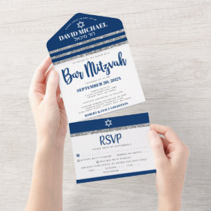 Bar Mitzvah Navy Blue Silver Tallit Modern Script All In One Invitation
