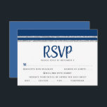 Bar Mitzvah Navy Blue Silver Tallit Script Bold RSVP Card<br><div class="desc">Be proud, rejoice and celebrate this milestone of your favourite Bar Mitzvah with this cool, unique, modern, personalised RSVP insert card for your event! Bold, navy blue script typography and a navy blue and faux silver glitter striped tallit inspired graphic overlay a simple, white background. Personalise the custom text with...</div>