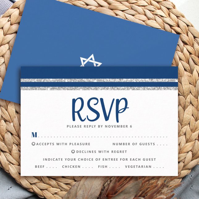 Bar Mitzvah Navy Blue Silver Tallit Script Entree RSVP Card (Creator Uploaded)