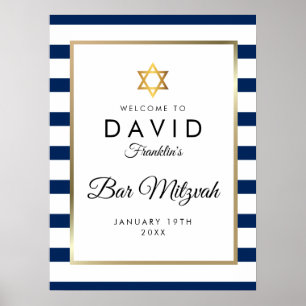 Bar Mitzvah Navy Blue White Gold Welcome Sign