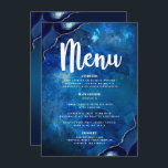 Bar Mitzvah Navy Galaxy Watercolor Agate Script Menu<br><div class="desc">Be proud, rejoice and showcase this milestone of your favourite Bar Mitzvah with a celebration to be proud of! Tempt your guests with this stunning, modern, party meal menu, featuring white calligraphy script, bold white typography, and steel blue agate rocks accented with faux silver veins, all overlaying a deep blue...</div>