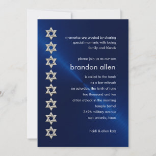 Bar Mitzvah Navy Sheen Silver Stars of David Invitation