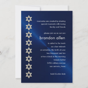 Bar Mitzvah Navy Sheen Silver Stars of David Invitation