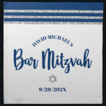 Bar Mitzvah Navy Silver Tallit Bold Challah Cover Napkin<br><div class="desc">Here’s a great addition to your Bar Mitzvah festivity. Celebrate with this cool, unique, modern, personalised challah cover cloth napkin to add to his special day. Bold, navy blue script typography, a silver Star of David and a navy blue and faux silver glitter striped tallit inspired graphic overlay a simple,...</div>