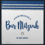 Bar Mitzvah Navy Silver Tallit Bold Challah Cover Napkin<br><div class="desc">Here’s a great addition to your Bar Mitzvah festivity. Celebrate with this cool, unique, modern, personalised challah cover cloth napkin to add to his special day. Bold, navy blue script typography, a silver Star of David and a navy blue and faux silver glitter striped tallit inspired graphic overlay a simple,...</div>