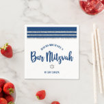 Bar Mitzvah Navy Silver Tallit Bold Script Minimal Napkin<br><div class="desc">Be proud, rejoice and showcase this milestone of your favourite Bar Mitzvah! Celebrate with this cool, unique, modern, custom paper napkin. Bold, navy blue script typography, a silver Star of David and a navy blue and faux silver glitter striped tallit inspired graphic overlay a simple, white background. Personalise the custom...</div>