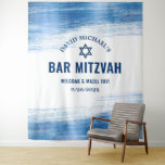 Bar Mitzvah Navy Type Blue Foil Photo Backdrop Tapestry<br><div class="desc">Be proud, rejoice and showcase this milestone of your favourite Bar Mitzvah! Hang up this cool, unique, modern, personalised photo selfie backdrop to add to his special day. Faux metallic light blue foil brush strokes, navy blue typography and a navy blue Star of David overlay a clean, white background. Personalise...</div>