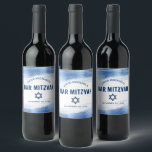 Bar Mitzvah Navy Typography Blue Foil Bold Modern Wine Label<br><div class="desc">Be proud, rejoice and showcase this milestone of your favourite Bar Mitzvah! Use this cool, unique, modern, personalised wine label to add to his special day. Faux metallic light blue foil brush strokes, navy blue typography and a navy blue Star of David overlay a clean, white background. Personalise the custom...</div>