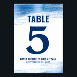 Bar Mitzvah Navy Typography Blue Foil Modern Bold Table Number<br><div class="desc">No Bar Mitzvah party is complete without personalised table number cards. Let your son be proud, rejoice and celebrate his milestone at his perfectly coordinated party. Faux metallic light blue foil brush strokes and navy blue typography overlay a simple, white background. Personalise the custom text with the table number, his...</div>