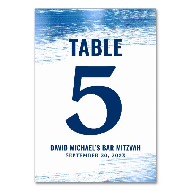 Bar Mitzvah Navy Typography Blue Foil Modern Bold Table Number (Front)