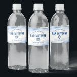 Bar Mitzvah Navy Typography Bold Blue Foil Modern Water Bottle Label<br><div class="desc">No Bar Mitzvah party is complete without personalised water bottles. Let your son be proud, rejoice and celebrate his milestone at his perfectly coordinated party. Faux metallic light blue foil brush strokes, navy blue typography and a navy blue Star of David overlay a clean, white background. Personalise the custom text...</div>