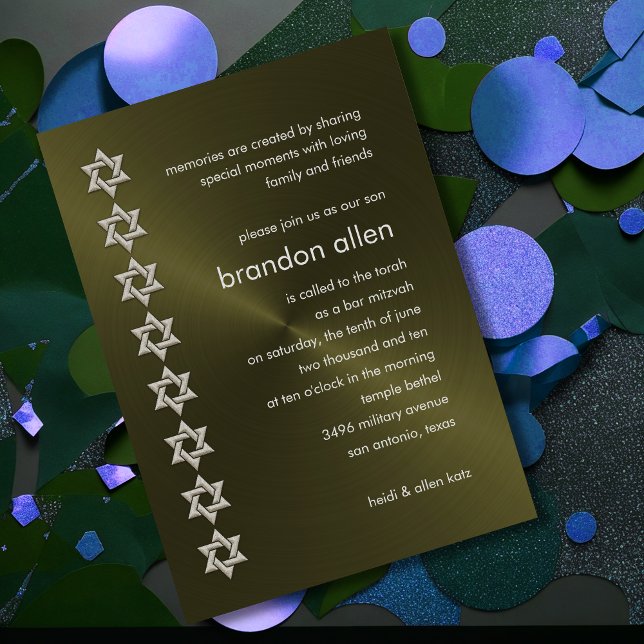 Bar Mitzvah Olive Sheen Silver Stars of David Invitation (Creator Uploaded)