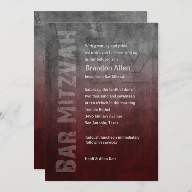 Bar Mitzvah Ombre Grunge Red Invitation (Front/Back)