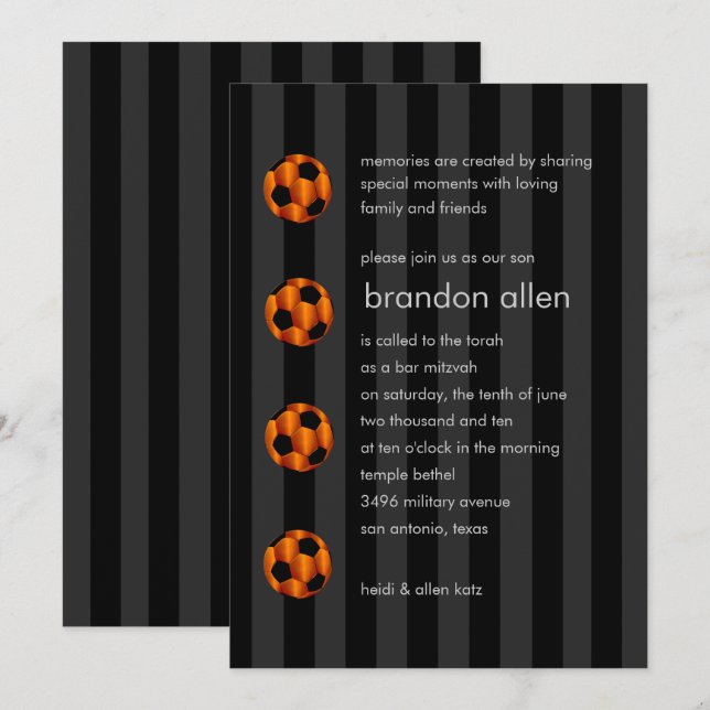 Bar Mitzvah Orange and Black Soccer Ball Invitation (Front/Back)
