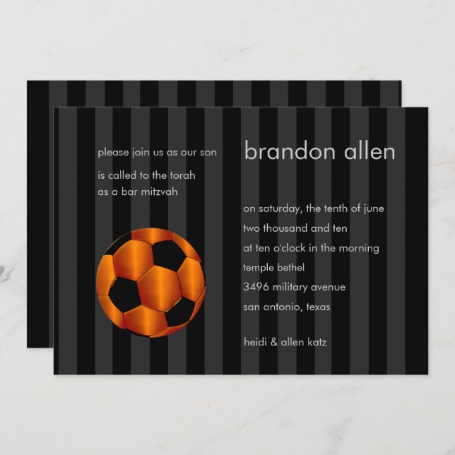 Bar Mitzvah Orange and Black Soccer Ball Invitation (Front/Back)