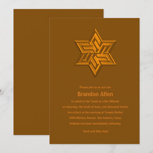 Bar Mitzvah Orange Tones Star of David Invitation (Front/Back)