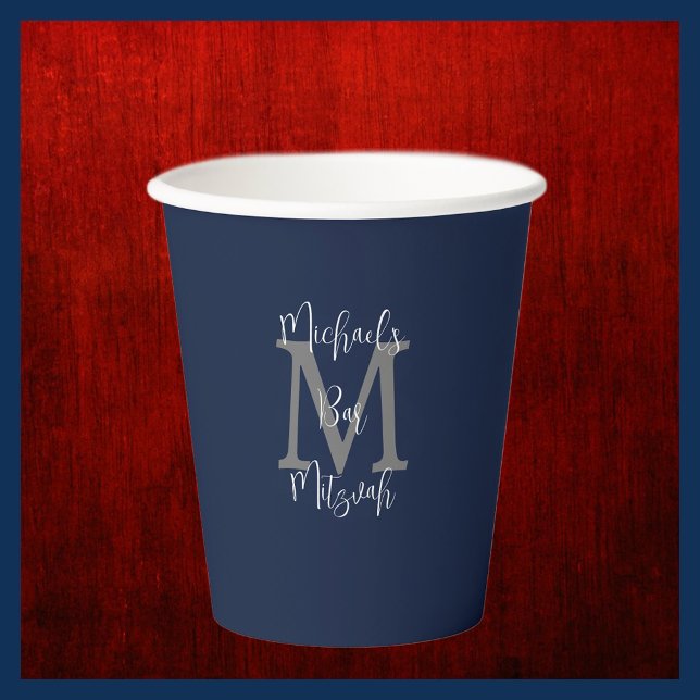 Bar Mitzvah Party Name Grey Monogram White Blue Paper Cups (Creator Uploaded)