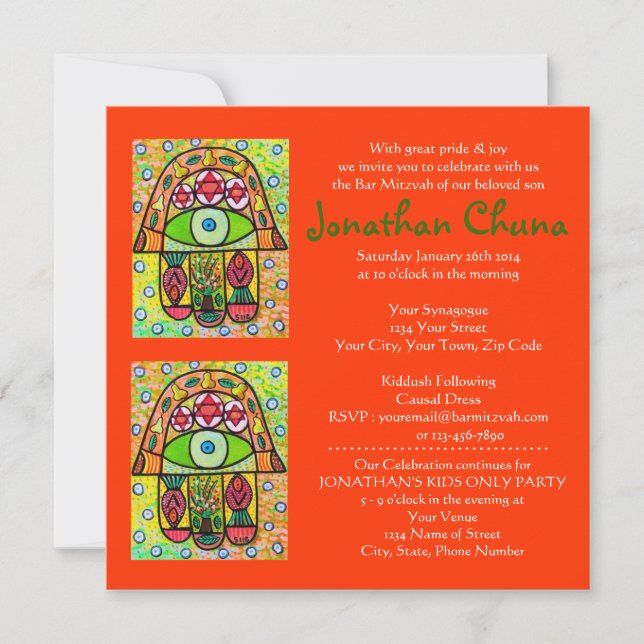 Bar Mitzvah - Pear Orchard Hamsa Invitation (Front)