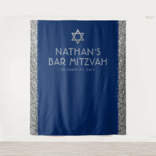 Bar Mitzvah Photo Backdrop Blue Silver Tapestry