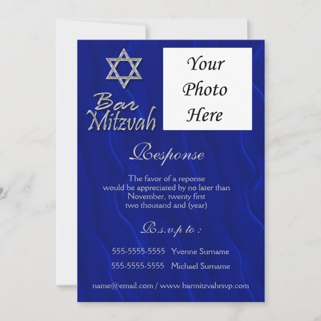 Bar mitzvah photo blue silver RESPONSE Invitation (Front)