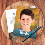 Bar Mitzvah Photo Bold Modern Script Thank You  Postcard<br><div class="desc">Make sure your favourite Bar Mitzvah shows his appreciation to all who supported his milestone event! Send out this this cool, unique, modern, personalised thank you postcard! White script calligraphy and bold serif typography overlay the photo of your choice. A navy blue Star of David, along with your personalised note...</div>