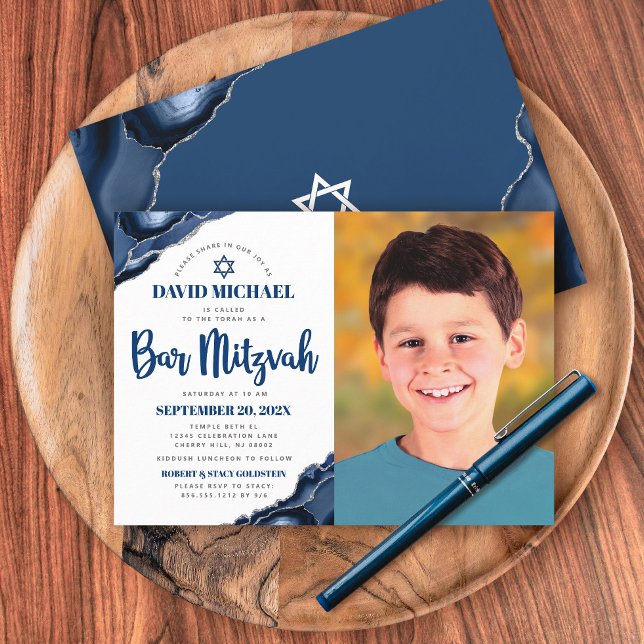 Bar Mitzvah Photo Modern Navy Blue Agate Script Invitation (Creator Uploaded)