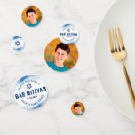 Bar Mitzvah Photo Modern Navy Typography Blue Foil Confetti<br><div class="desc">Add some extra style to your favourite Bar Mitzvah’s celebration party with this customisable table confetti! Metallic light blue foil brush strokes, along with bold, navy blue typography and Star of David, overlay a simple, white background on one side. Your Bar Mitzvah’s photo is on the other. Personalise the custom...</div>