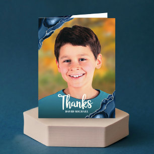 Bar Mitzvah Photo Navy Blue Agate Modern Script  Thank You Card
