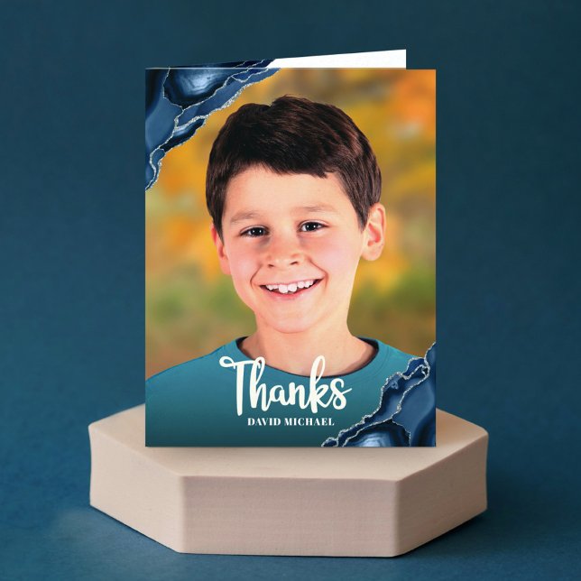 Bar Mitzvah Photo Navy Blue Agate Modern Script  Thank You Card (Creator Uploaded)