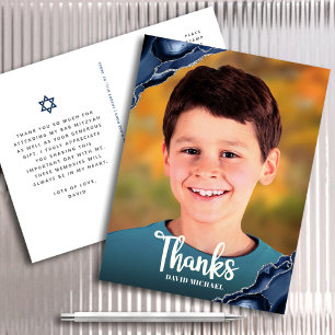Bar Mitzvah Photo Navy Blue Agate Script Thank You Postcard