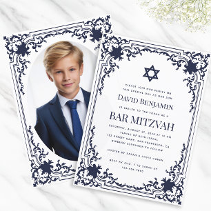 Bar Mitzvah Photo Navy Blue Star Elegant Vintage  Invitation